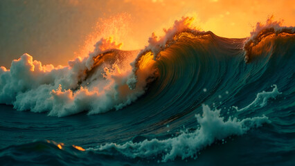 Abstract Background. As the sun sets on the horizon, a large wave is crashing dramatically in the vast ocean, creating a breathtaking view of natures beauty