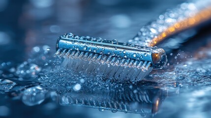 Wet cleaning brush with water droplets on a reflective surface.
