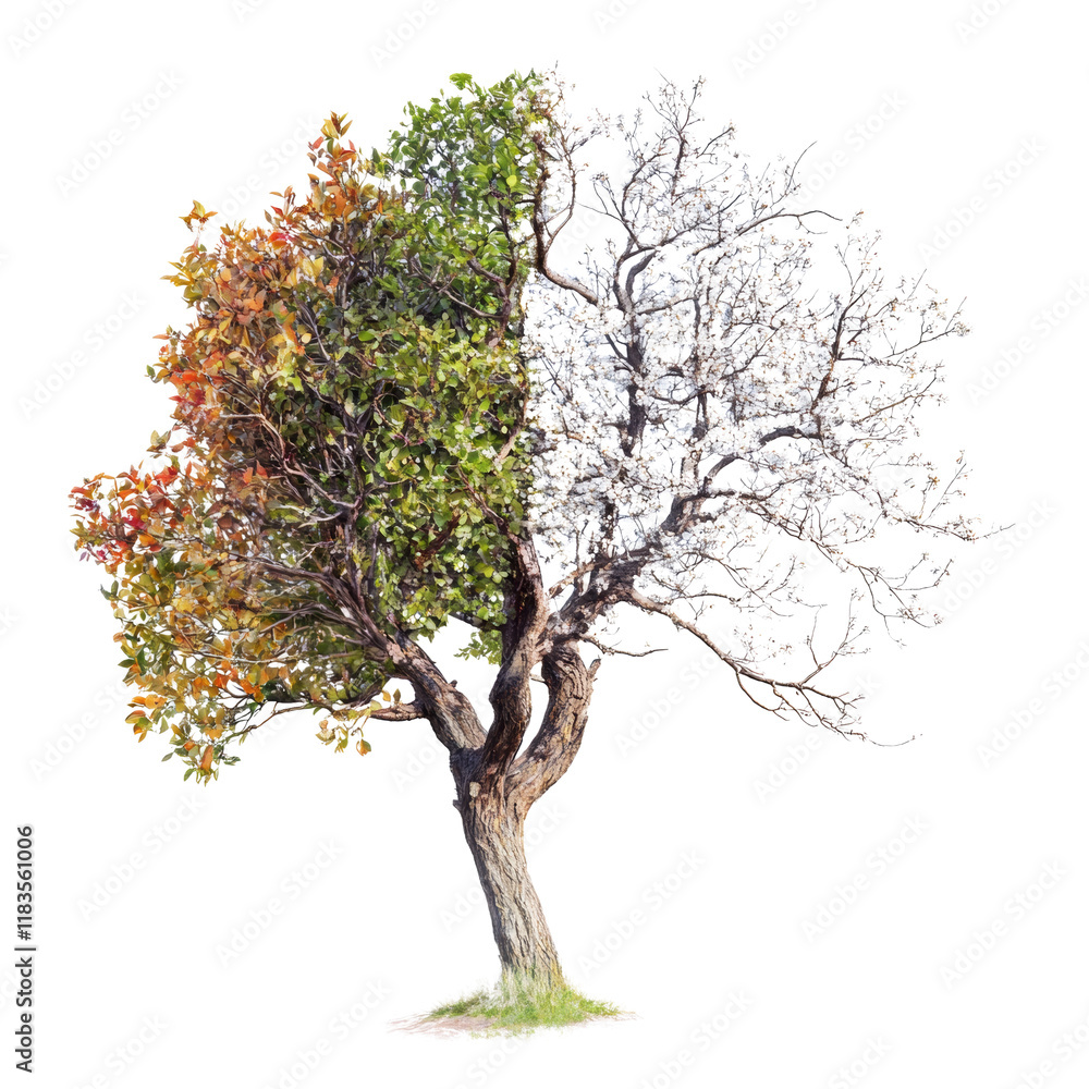 Poster the image shows a tree divided into four sections representing spring, summer, autumn, and winter si
