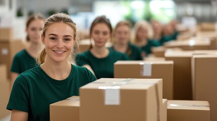Empathy and education foster mental health awareness. A group of smiling women in green shirts stands among stacked boxes in a warehouse, promoting teamwork and a positive work environment.