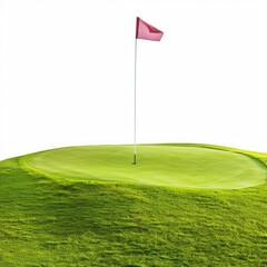 Fototapeta premium Red flag is waving on a golf course green, indicating the location of the hole