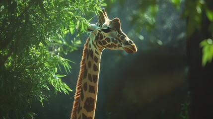Fototapeta premium Giraffe in lush foliage, sunlit enclosure, peaceful scene, wildlife conservation.