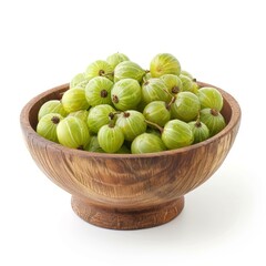 Wooden bowl full of ripe green gooseberries, isolated on a white background