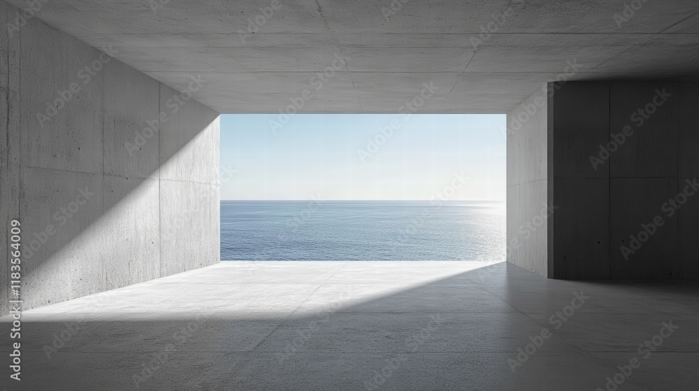 Poster modern abstract empty space with concrete walls and ocean view under bright sky