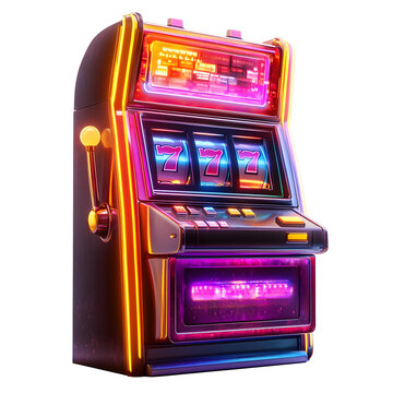 Captivating Slot Machine with Dazzling Neon Lights and Sleek Metallic Casing on Clean White Background
