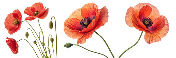 Triple Poppy Floral Composition Vibrant Red Blooms Isolated on White Background, Botanical Photography, Nature, Poppy, Flower, Floral