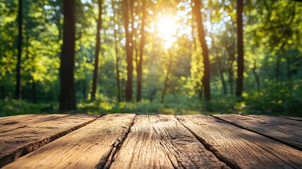 plank board floor foreground with nature forest background	
