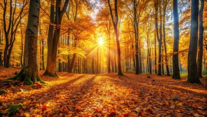 Obraz premium A serene landscape of autumn foliage with golden sunlight filtering through the trees, casting a warm glow on the forest floor , autumn background loops, fall scenery