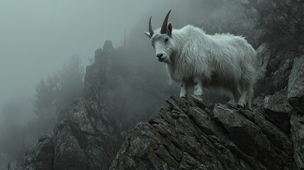 Fototapeta premium Mountain Goat on Rocky Peak in Foggy Landscape.