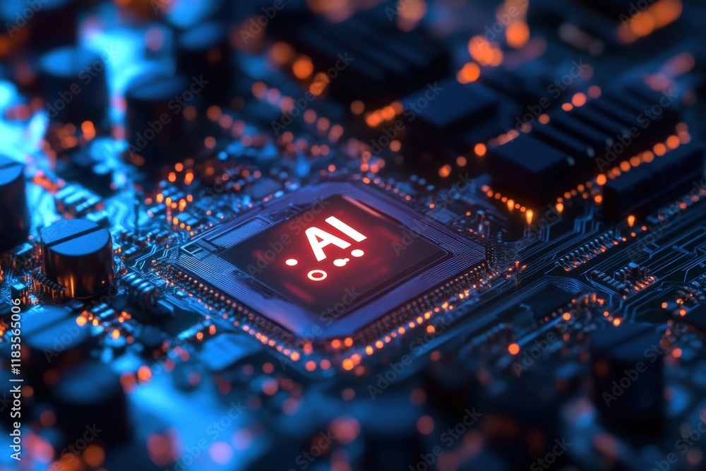 Poster close-up of a computer chip featuring ai technology on a circuit board surrounded by glowing led lig