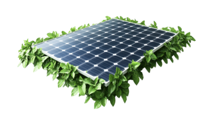 Solar panel amidst lush green leaves, a sustainable energy solution