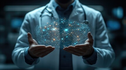 Doctor Holding a Network of Connections Representing Healthcare Data and Innovation