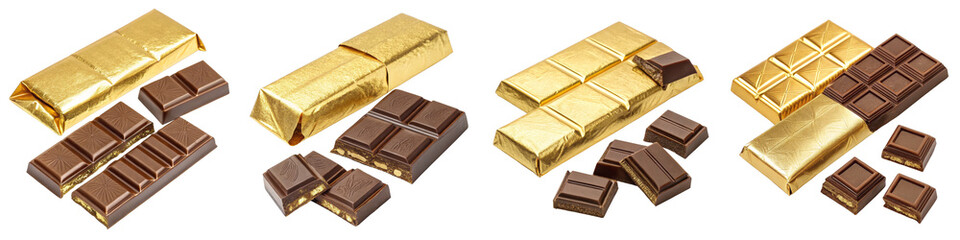 Gold Foil Wrapped Chocolate Bars and Pieces Isolated on White Background, Dessert, Confectionery, Chocolate, Candy, Sweet
