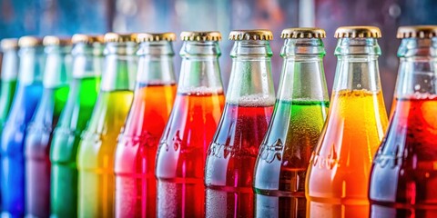 Row of colorful soft drinks with bottles stacked on top of each other , cola, arranged,  cola, arranged, stacked, bottles, juice