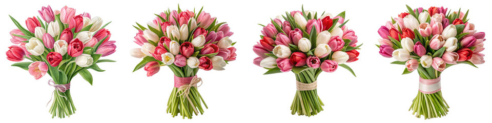 Four Pink and White Tulip Bouquets, Isolated on White Background, Spring Flowers, Floral Arrangement, Tulip, Bouquet, Spring