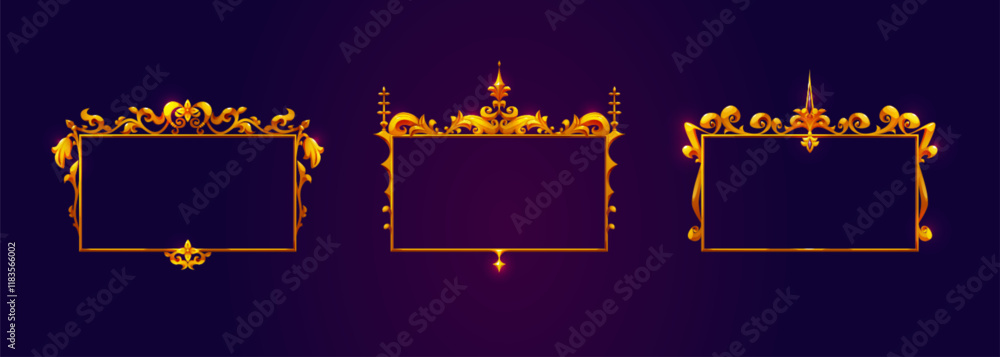 Aufkleber medieval game frames set - ornate golden borders with decorative flourishes on dark background. roya