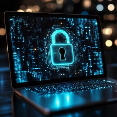Fototapeta premium A laptop displays a glowing lock symbol, representing cybersecurity and digital safety. This image embodies the importance of online security in today's interconnected world.