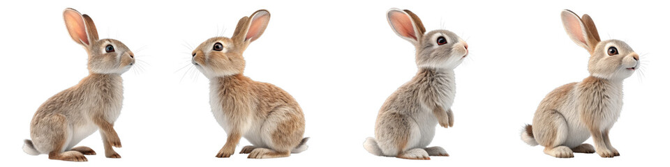 Fototapeta premium Four Cute Bunny Poses 3D Render Isolated on White Background, Rabbit, Hare, Animal, Rabbit, 3D rendering, Easter