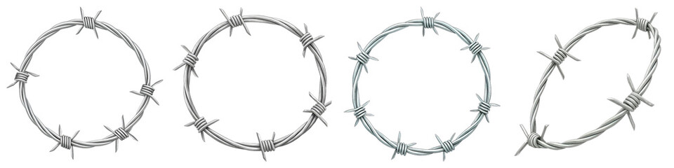 Four Barbed Wire Circles, 3D Render, Isolated on White Background, Security Concept, Barbed wire, security, fence