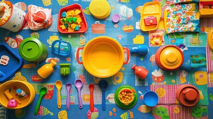 Fototapeta premium A colorful kitchen toy set complete with plastic utensils neatly arranged on a play mat, background wallpaper AI generated image