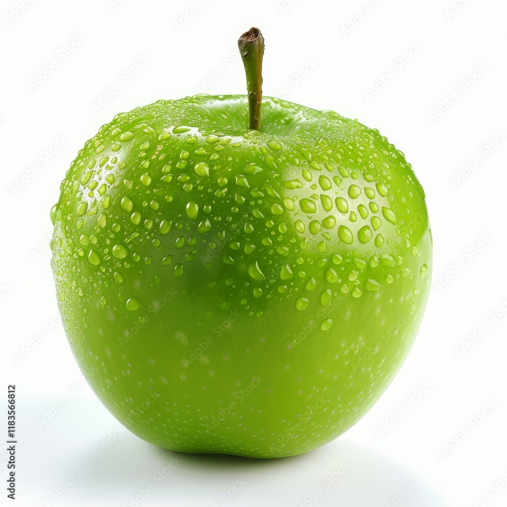 Canvas Prints Single green apple glistening with water droplets on a plain white background