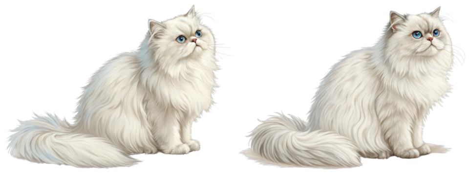 Digital Painting of Two White Persian Cats Sitting, Isolated on White Background, Pet Portrait, Fluffy Cat, Persian cat, digital art, pet illustration