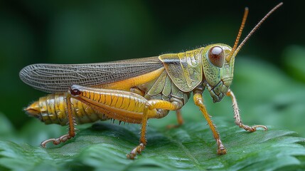 Close-up of a vibrant green and orange grasshopper perched on a leaf.