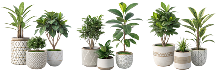Collection of potted plants, isolated on white background, 3D render, home decor, interior design, Plant pots, houseplants, 3D rendering