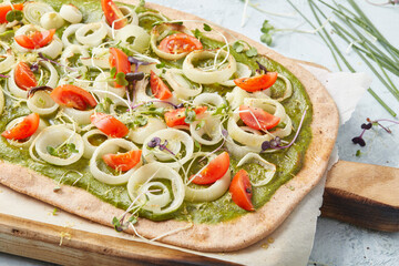 Almond Flour Tarte Flambée with Pesto and Onions