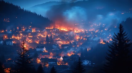 Fototapeta premium burning wildfire in town with smoke and flame, severe damage