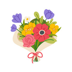 Bouquet of wild or garden flowers on white background. Botanical composition for Mother's Day or Women's Day. Vector isolated design element