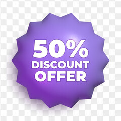 3d sale tag. Purple blue shining badge with 50 percent discount offer