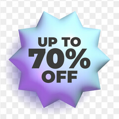 3d sale badge. Purple blue shining button with 70 percent discount offer