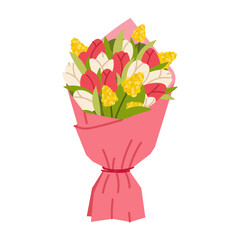 Bouquet of spring tulips and mimosas in wrapping paper. Bouquet of flowers to mom, woman. Vector isolated element on white background
