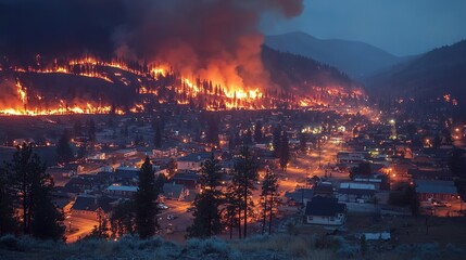 Obraz premium burning wildfire in town with smoke and flame, severe damage