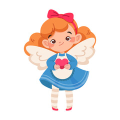 Cute little angel girl with wings for baby shower. Cupid for Valentine's Day. Vector character on white background