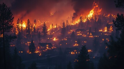 Fototapeta premium burning wildfire in town with smoke and flame, severe damage