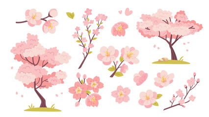 Sakura set, trees, branches and Japanese cherry blossoms. Illustrations for Hanami holiday. Vector botanical elements in flat style © Sonika