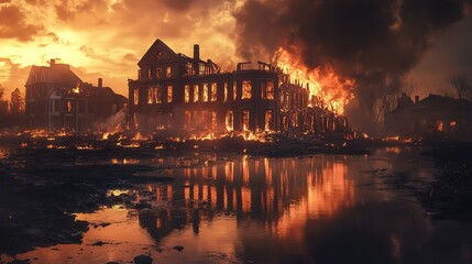 Fototapeta premium burning wildfire in town with smoke and flame, severe damage with ruin of building and street