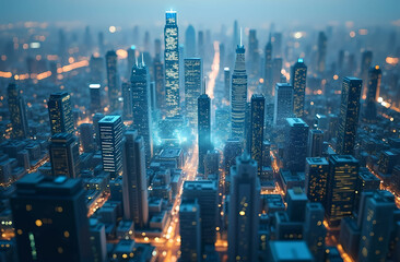 Obraz premium A futuristic cityscape controlled by a neural AI grid, with holographic interfaces. Abstract Technology, AI Concepts Generative AI
