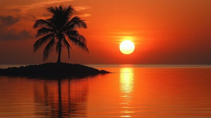 Solitary palm tree silhouetted against a vibrant orange sunset over calm ocean waters.