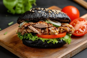 A modern black kebab bread filled with perfectly grilled kebab meat, lettuce, onions and tomatoes