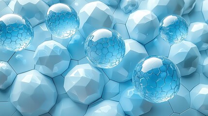 Abstract 3D rendering of light blue geometric shapes and translucent spheres.