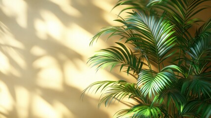 Fototapeta premium Sunlight casts shadows on a wall behind lush green palm leaves.