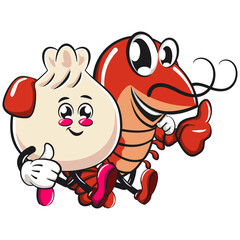 Cute dumpling vektor illustration mascot character with a shrimp character while giving thumbs up, Xiao Long Bao, Asian, Chinese food, work of hand drawn
