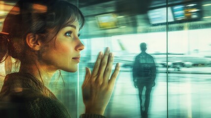 A touching goodbye at the airport terminal, a woman presses her hand against the glass as a man walks towards the gate background wallpaper AI generated image