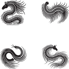 Fototapeta premium Abstract Tribal Dragon and Sea Creature Silhouettes Set
