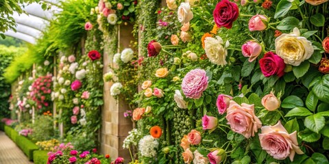 Floral Walled Garden with Fresh Cut Roses and Greenery , botanical, foliage,  botanical, foliage, roses, greenery, wall