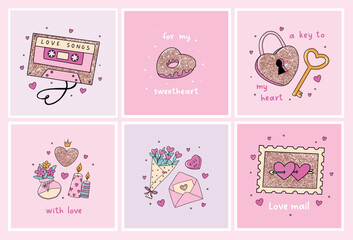 Valentines day cards, posters, prints, banners, invitations, wallpaper collection with doodles and lettering quotes. EPS 10