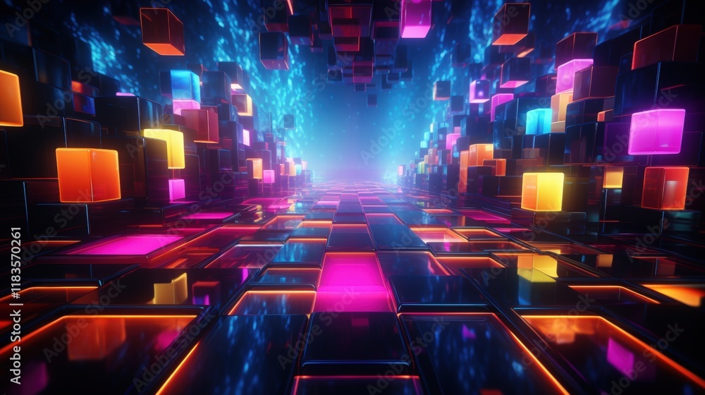 Poster abstract neon geometric pathway with vibrant cubes and digital glow in a futuristic environment